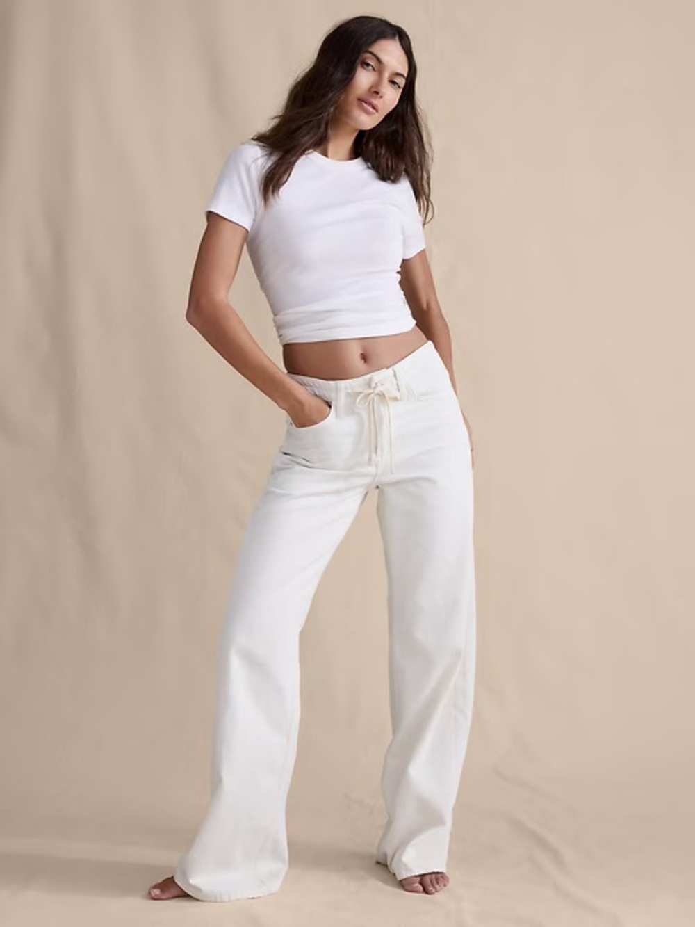 NWT! BANANA REPUBLIC WHITE MID-RISE WIDE-LEG DRAWSTRING JEAN - Multiple🩷713492